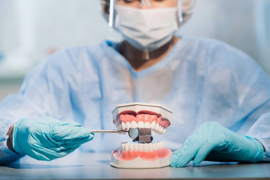 a dental doctor wearing blue gloves and a mask holds a dental model